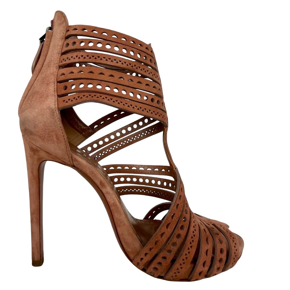 Alaia Dusty Rose/Coral Strappy Heels with Intricate Design